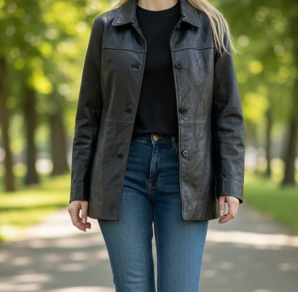 Dockers Women's Black Leather Jacket Large Mid-Length Button-Up